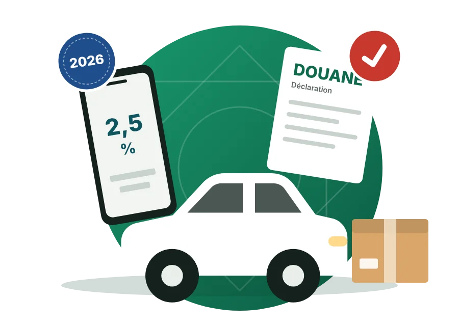Illustration : voiture, déclaration de douane validée, smartphone et colis